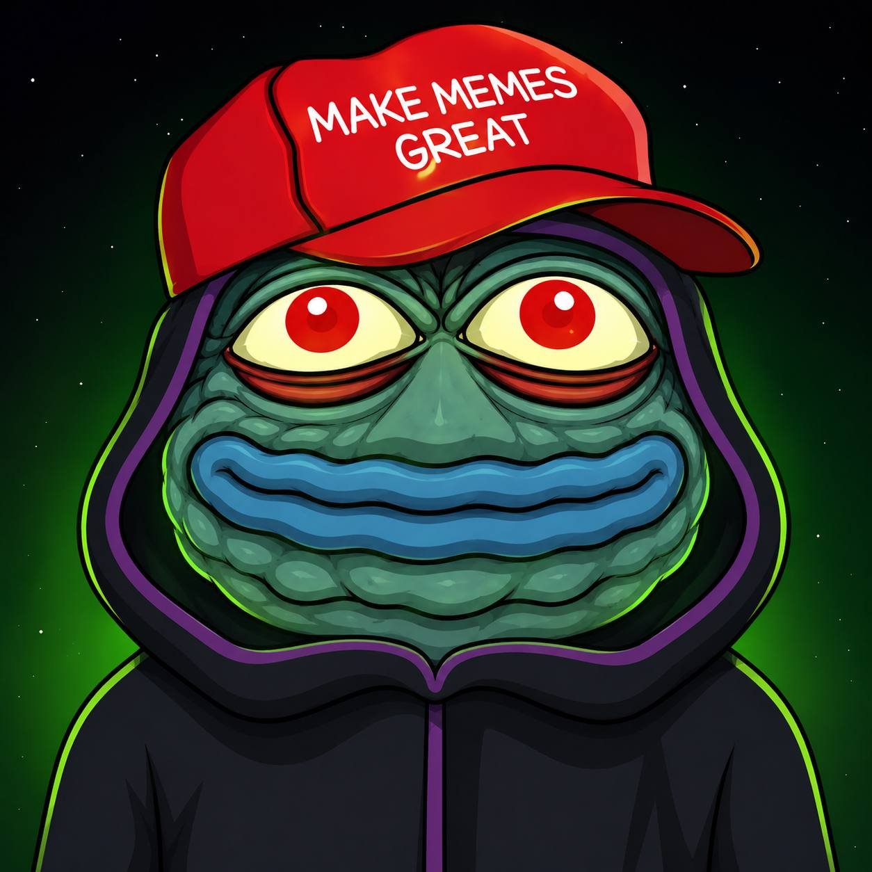 Dork Lord wearing the Make Memes Great crown with a glowing green aura